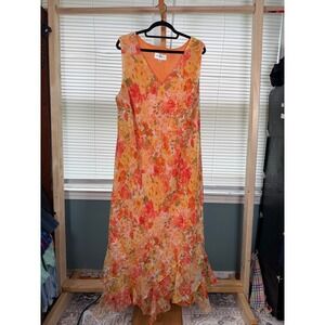 Studio I Womens 24W Orange Floral V-Neck Sleeveless Ruffle Hem Maxi Dress